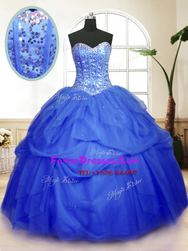 Romantic Sequins Pick Ups Ball Gowns Vestidos de Quinceanera Blue Sweetheart Tulle Sleeveless Floor Length Lace Up