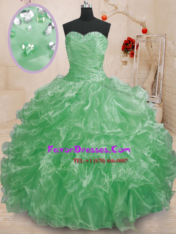  Sleeveless Floor Length Beading and Ruffles Lace Up Sweet 16 Dresses with Green