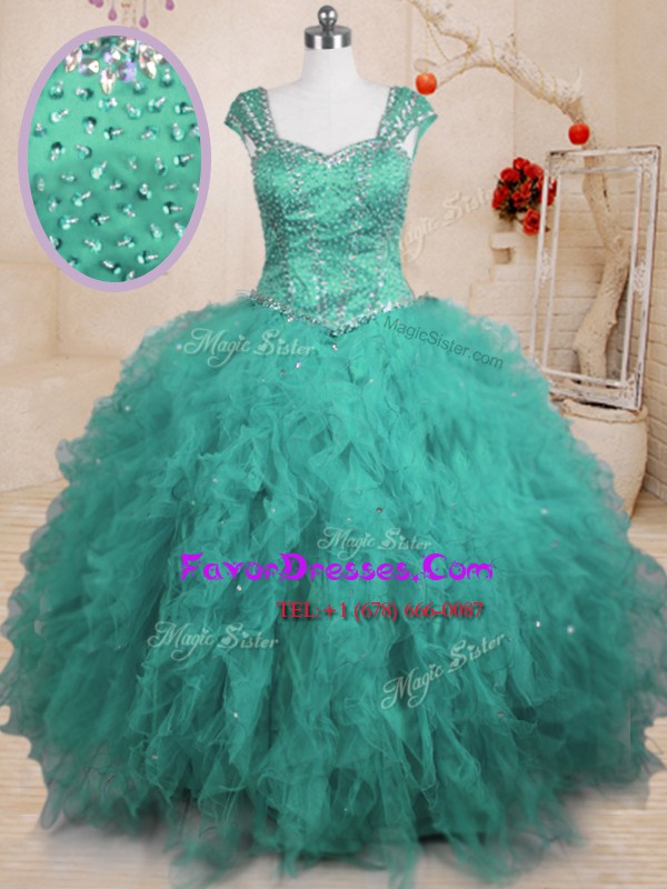 Sumptuous Floor Length Ball Gowns Cap Sleeves Turquoise Quinceanera Gown Lace Up