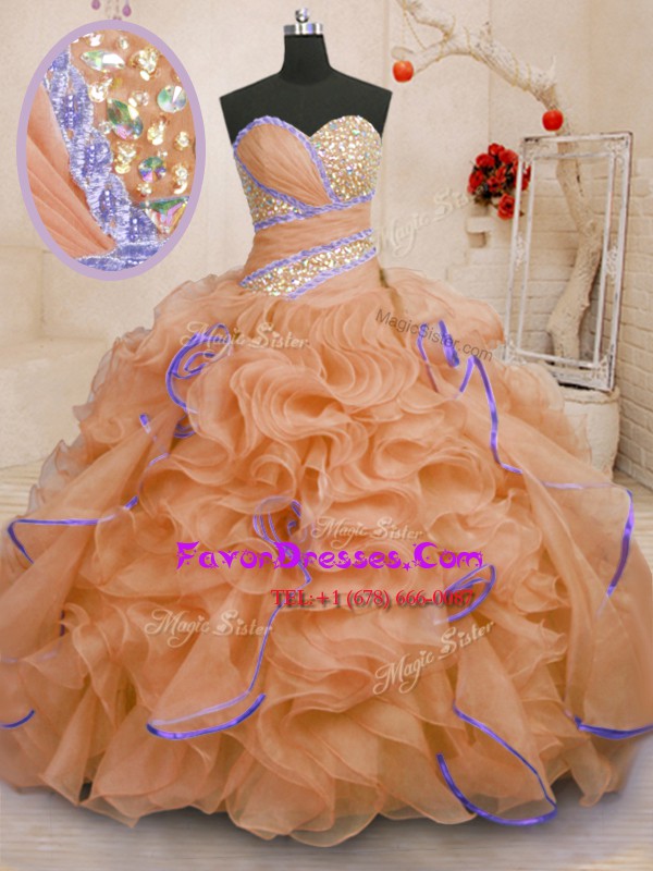 Amazing Orange Quinceanera Gowns Military Ball and Sweet 16 and Quinceanera and For with Beading and Ruffles Sweetheart Sleeveless Brush Train Lace Up