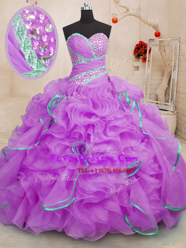 Best Lilac Ball Gowns Sweetheart Sleeveless Organza With Brush Train Lace Up Beading and Ruffles Ball Gown Prom Dress