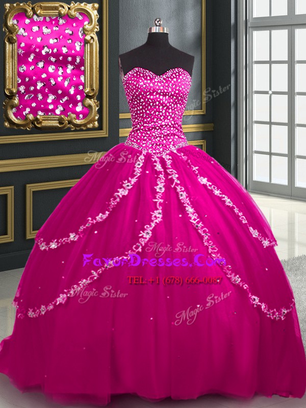  Tulle Sweetheart Sleeveless Brush Train Lace Up Beading and Appliques Quinceanera Gowns in Fuchsia