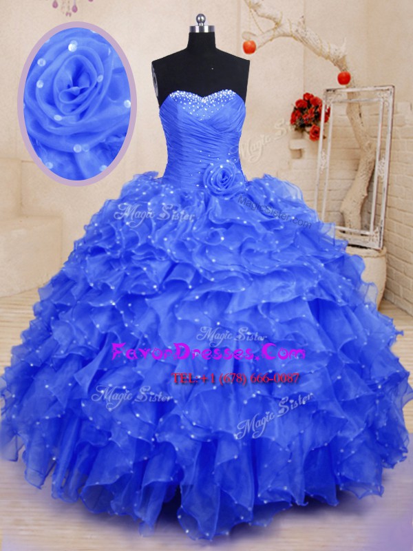 Attractive Blue Sweetheart Neckline Beading and Ruffles and Hand Made Flower 15 Quinceanera Dress Sleeveless Lace Up