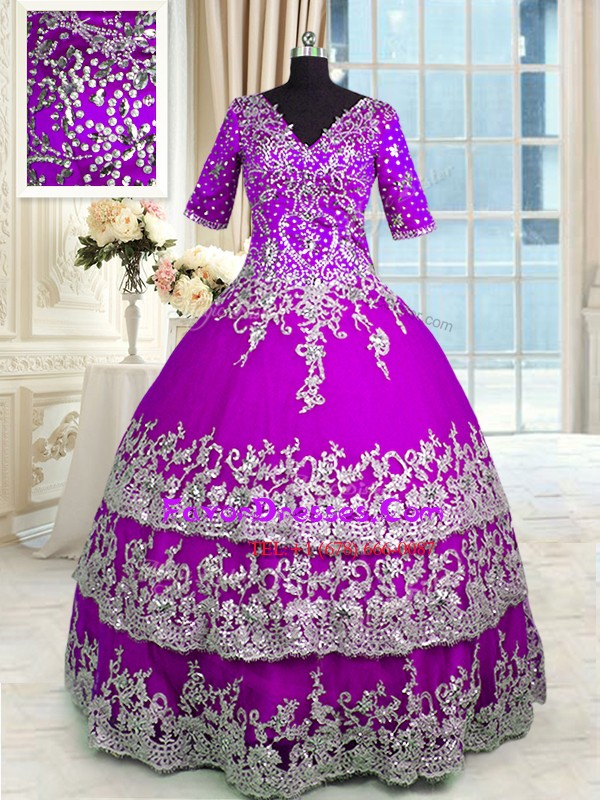 High End Purple Satin and Tulle Zipper Quinceanera Gowns Half Sleeves Floor Length Appliques and Ruffled Layers
