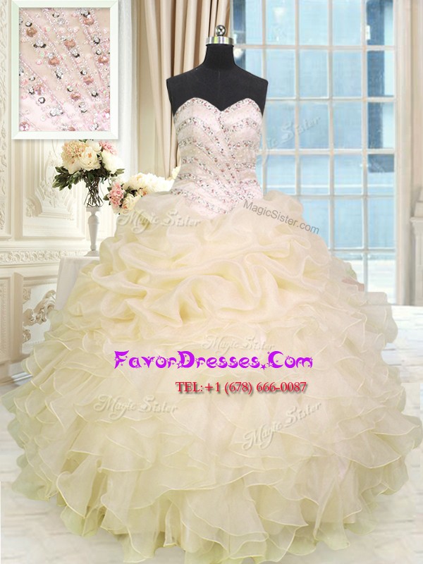 Decent Sleeveless Floor Length Beading and Ruffles Lace Up Sweet 16 Dress with Champagne