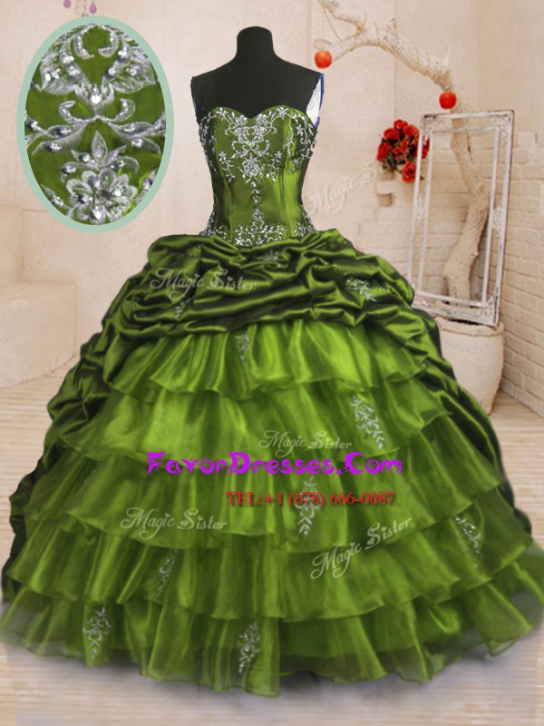 Affordable Olive Green Sweetheart Lace Up Beading and Appliques and Ruffled Layers and Pick Ups Quinceanera Gown Sweep Train Sleeveless