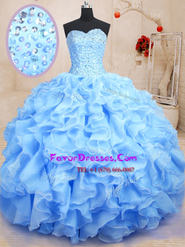  Blue Organza Lace Up Quinceanera Dress Sleeveless Floor Length Beading and Ruffles