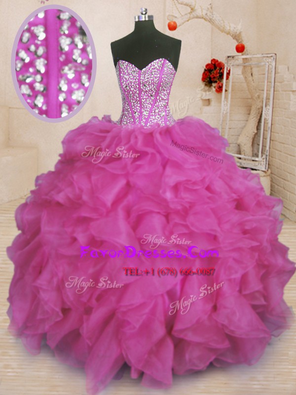 Low Price Ball Gowns Quinceanera Dresses Fuchsia Sweetheart Organza Sleeveless Floor Length Lace Up