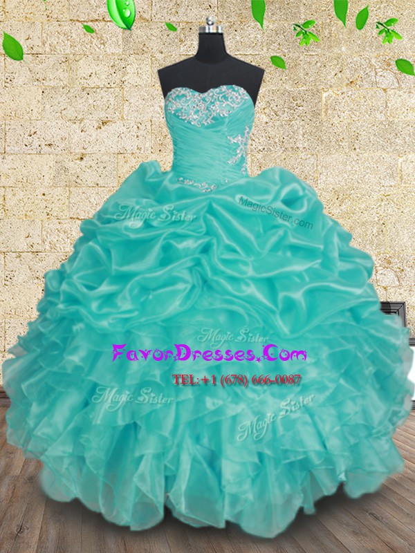 Clearance Sleeveless Organza Floor Length Lace Up Vestidos de Quinceanera in Aqua Blue with Beading and Ruffles and Ruching