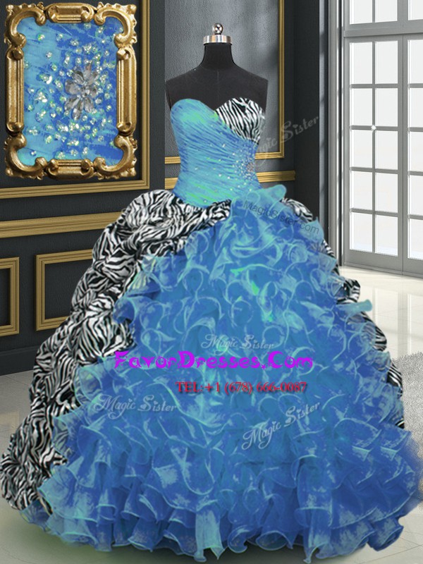Fitting Printed Beading and Ruffles and Pattern Vestidos de Quinceanera Baby Blue Lace Up Sleeveless With Brush Train