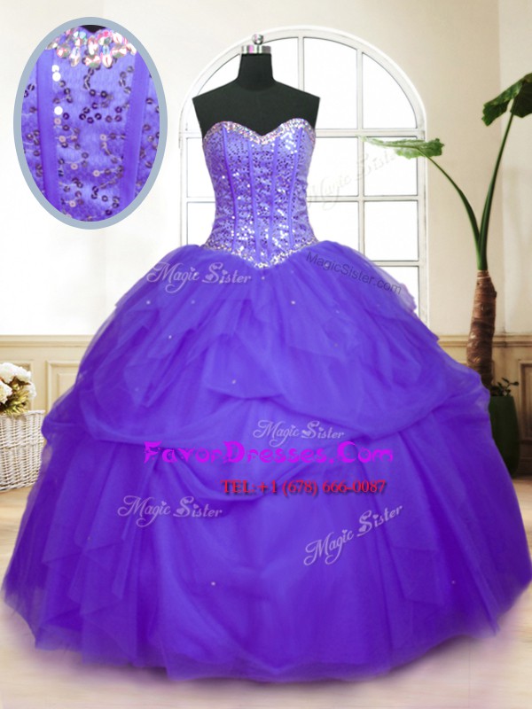 Nice Tulle Sweetheart Sleeveless Lace Up Sequins and Pick Ups Sweet 16 Quinceanera Dress in Purple