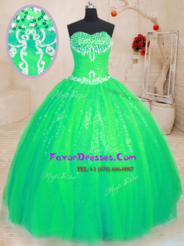 Gorgeous Green Lace Up Sweetheart Beading Ball Gown Prom Dress Tulle and Sequined Sleeveless