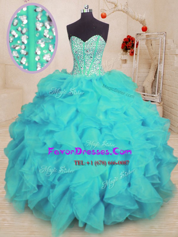 Aqua Blue Organza Lace Up Sweetheart Sleeveless Floor Length Sweet 16 Dresses Beading and Ruffles