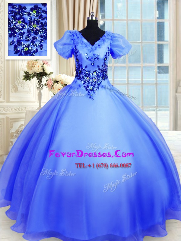  V-neck Short Sleeves Lace Up Quinceanera Gowns Blue Organza