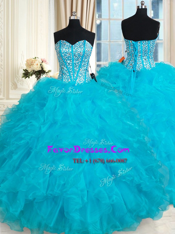 Fantastic Ball Gowns Ball Gown Prom Dress Aqua Blue Sweetheart Organza Sleeveless Floor Length Lace Up