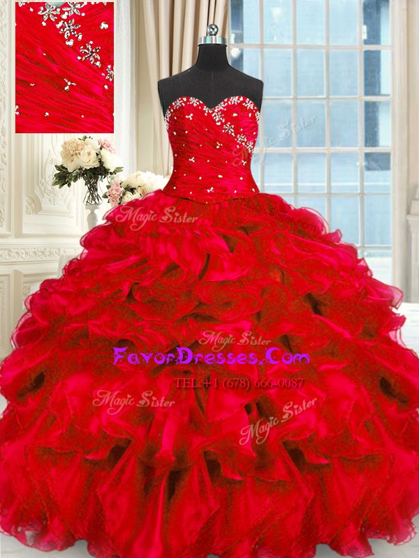 Customized Floor Length Lace Up Vestidos de Quinceanera Red for Military Ball and Sweet 16 and Quinceanera with Beading and Ruffles