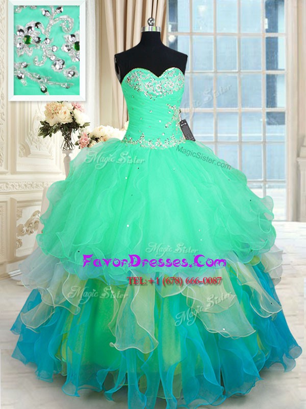  Sweetheart Sleeveless Sweet 16 Dresses Floor Length Beading and Ruffles Multi-color Organza