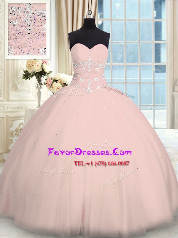 Spectacular Pink Sweetheart Neckline Beading Quinceanera Gowns Sleeveless Lace Up