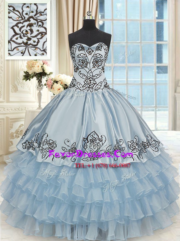 Super Light Blue Organza and Taffeta Lace Up Ball Gown Prom Dress Sleeveless Floor Length Beading and Embroidery and Ruffled Layers