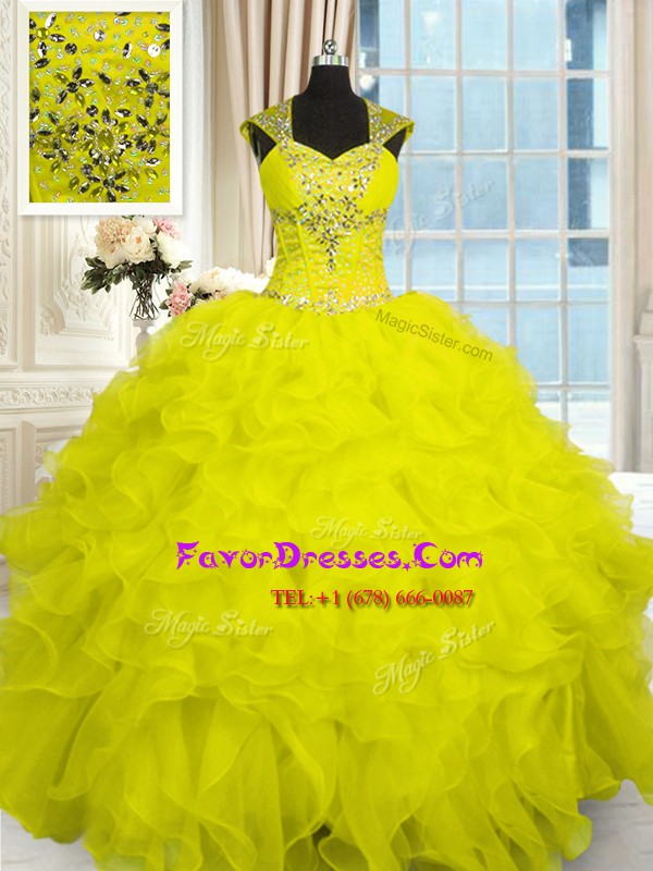 Popular Yellow Lace Up Quinceanera Dress Beading and Ruffles Cap Sleeves Floor Length