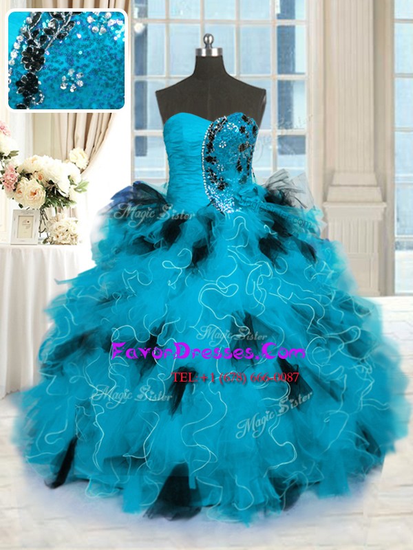 Delicate Floor Length Ball Gowns Sleeveless Blue And Black 15 Quinceanera Dress Lace Up
