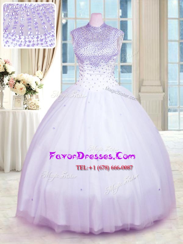 Flirting Sleeveless Tulle Floor Length Zipper Sweet 16 Quinceanera Dress in Lavender with Beading