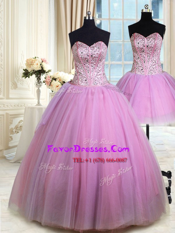  Three Piece Tulle Sweetheart Sleeveless Lace Up Beading 15th Birthday Dress in Lilac