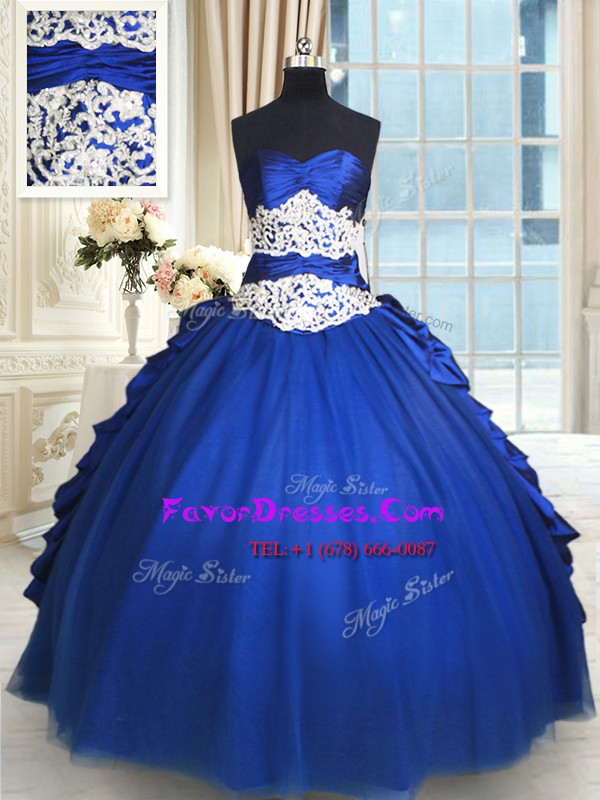  Royal Blue Organza and Taffeta and Tulle Lace Up Sweetheart Sleeveless Floor Length Quinceanera Dresses Beading and Lace and Appliques and Ruffles and Pick Ups