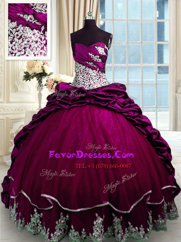  Fuchsia Ball Gowns Sweetheart Sleeveless Taffeta Brush Train Lace Up Beading and Appliques and Pick Ups 15th Birthday Dress