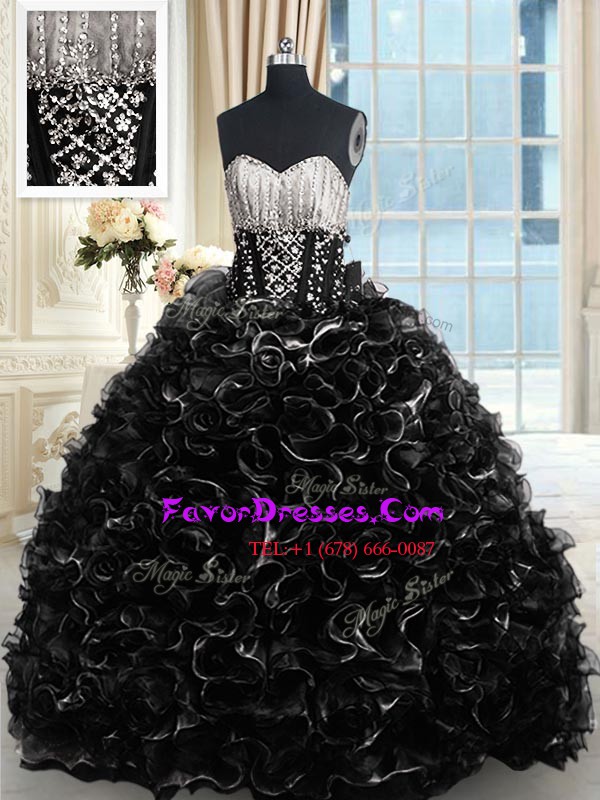  Black Sweetheart Neckline Beading and Ruffles Quinceanera Gown Sleeveless Lace Up