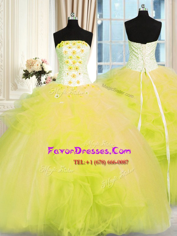 Floor Length Yellow Green Quinceanera Gown Tulle Sleeveless Beading and Ruffles