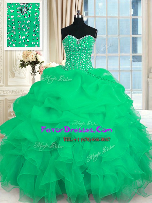 Lovely Turquoise Organza Lace Up Sweetheart Sleeveless Floor Length Quinceanera Dress Beading and Ruffles