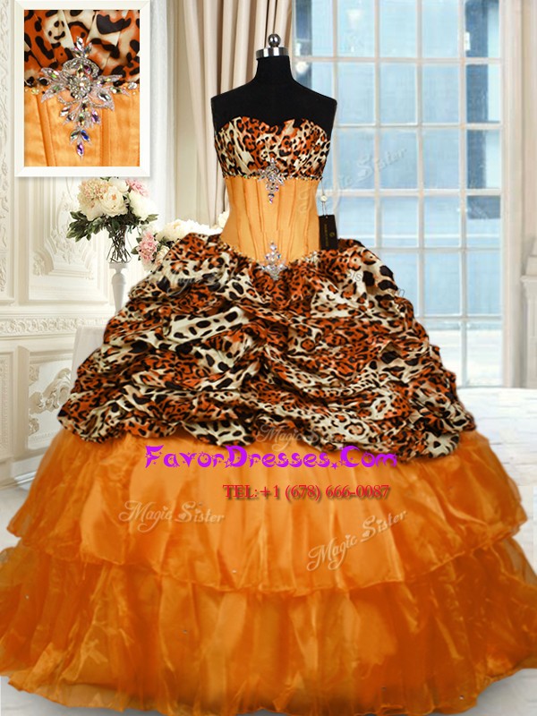 Popular Printed Orange Quinceanera Gown Military Ball and Sweet 16 and Quinceanera and For with Beading and Ruffled Layers Strapless Sleeveless Sweep Train Lace Up
