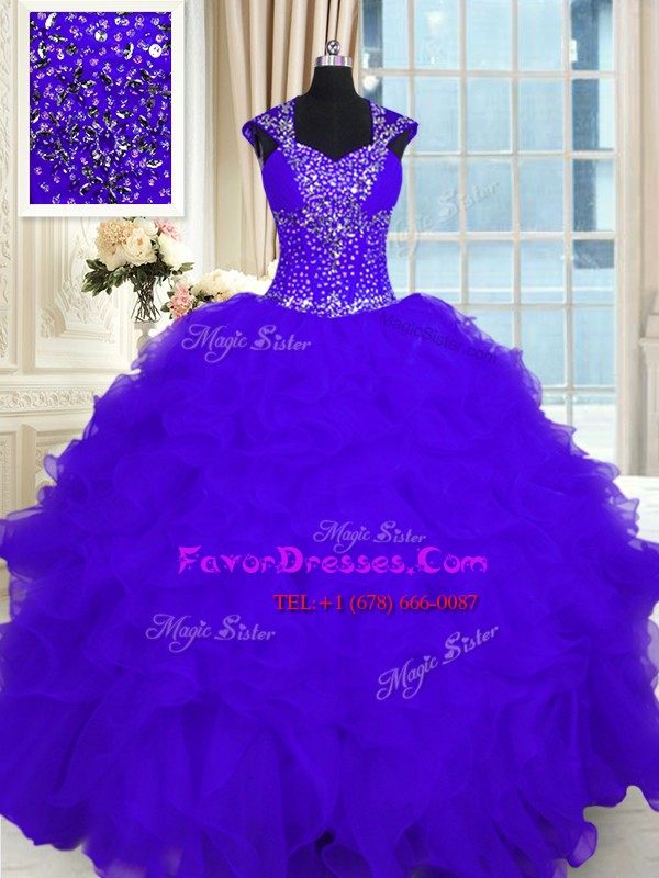 Purple Straps Lace Up Beading and Ruffles Quinceanera Dress Cap Sleeves