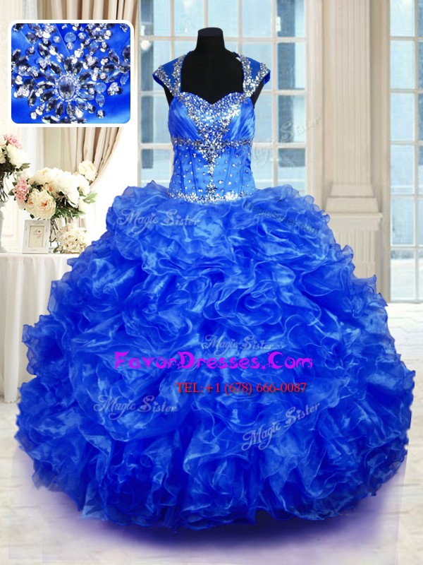 Colorful Royal Blue Lace Up Sweet 16 Quinceanera Dress Beading and Ruffles Cap Sleeves Floor Length