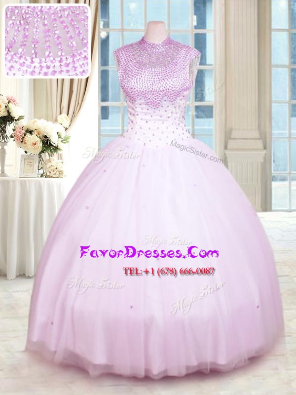 Nice Lilac Tulle Zipper Quinceanera Dress Sleeveless Floor Length Beading