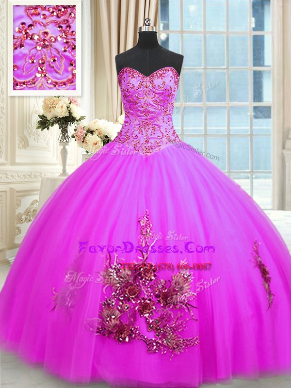  Floor Length Lace Up Sweet 16 Quinceanera Dress Fuchsia for Military Ball and Sweet 16 and Quinceanera with Beading and Appliques and Embroidery