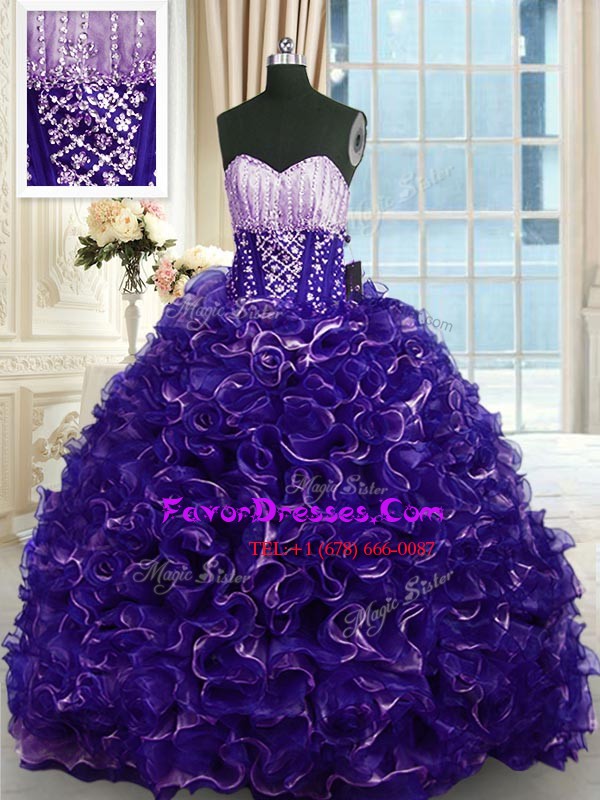 Vintage Purple Sweetheart Lace Up Beading and Ruffles Ball Gown Prom Dress Brush Train Sleeveless