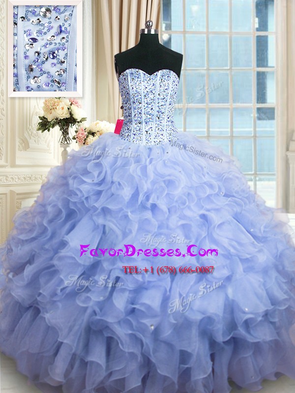  Floor Length Lavender Quinceanera Gown Organza Sleeveless Beading and Ruffles