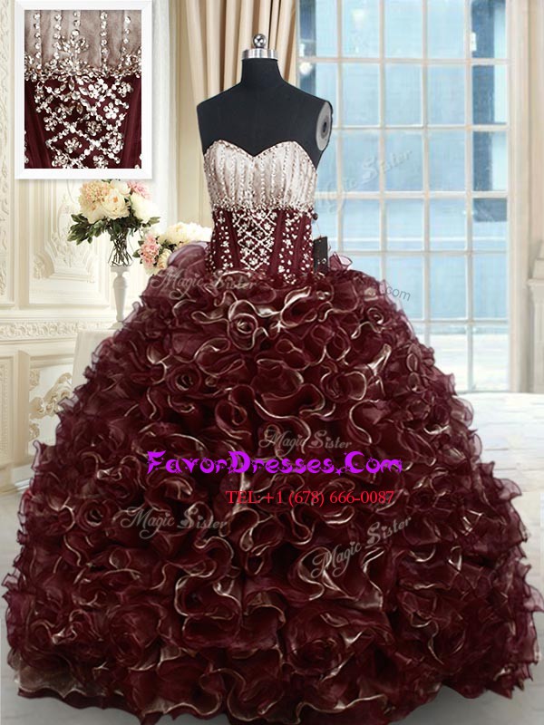  Brown 15th Birthday Dress Military Ball and Sweet 16 and Quinceanera and For with Beading and Ruffles Sweetheart Sleeveless Brush Train Lace Up