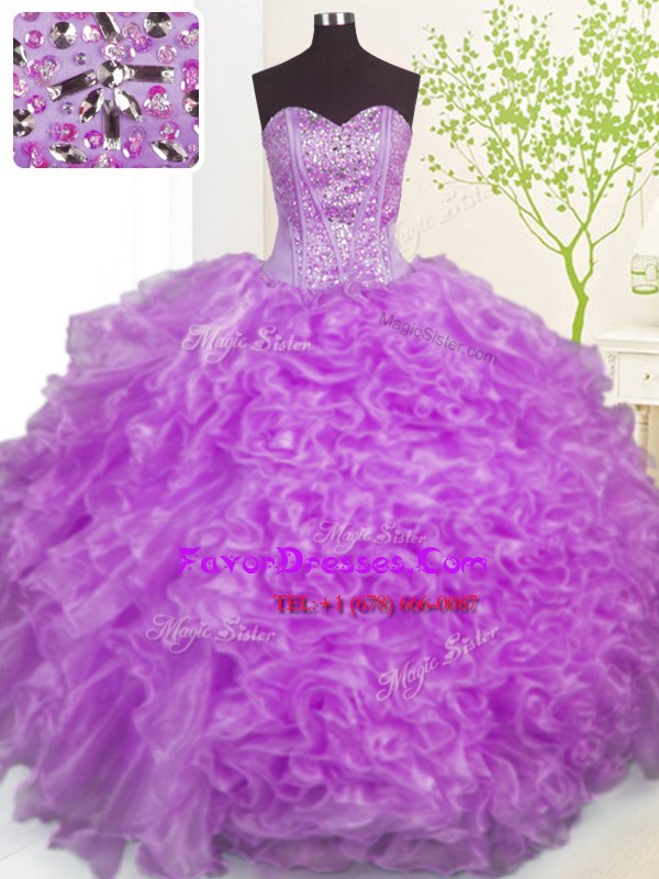  Sleeveless Floor Length Beading and Ruffles and Pick Ups Lace Up Sweet 16 Dresses with Purple
