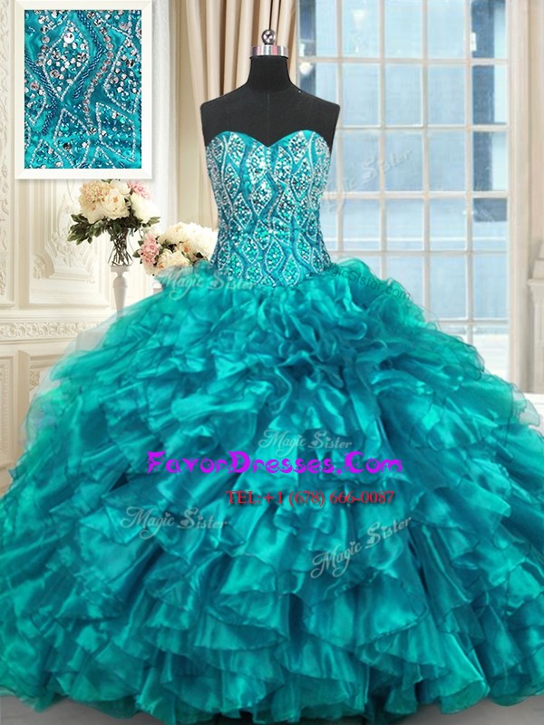 Cheap Sleeveless Organza Brush Train Lace Up 15th Birthday Dress in Teal with Beading and Ruffles