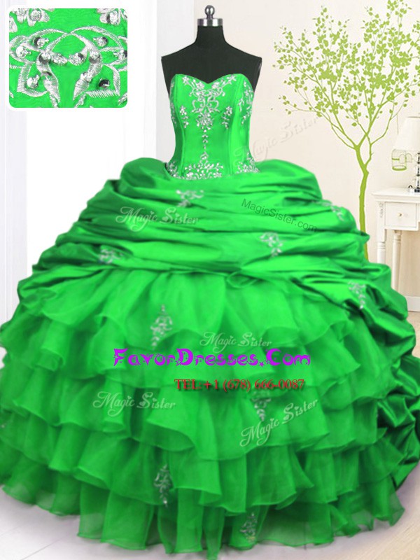 Glittering Strapless Sleeveless Quinceanera Gowns With Brush Train Beading and Appliques and Ruffled Layers and Pick Ups Green Organza and Taffeta