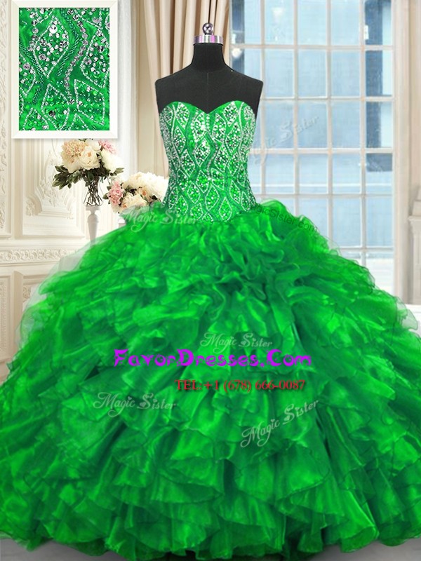 Chic Sweetheart Sleeveless Brush Train Lace Up Sweet 16 Dress Green Organza