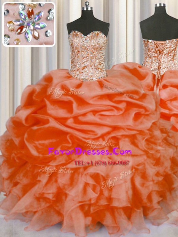 Beauteous Orange Red Sleeveless Beading and Ruffles and Pick Ups Floor Length Quinceanera Gown
