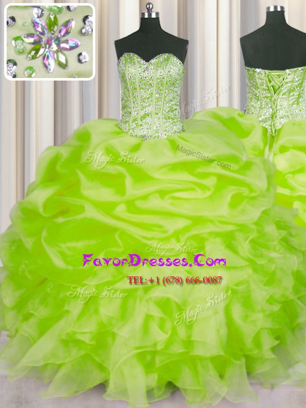  Organza Sleeveless Floor Length Quinceanera Dresses and Beading and Ruffles and Pick Ups