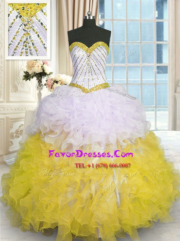  Yellow And White Sweetheart Lace Up Beading and Ruffles Sweet 16 Dresses Sleeveless