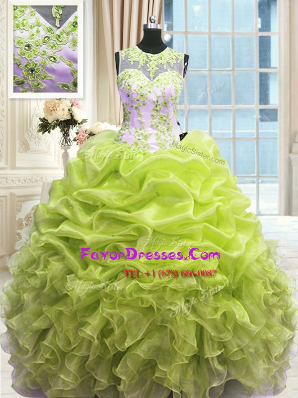 Dazzling Yellow Green Scoop Zipper Beading and Ruffles Quince Ball Gowns Sleeveless
