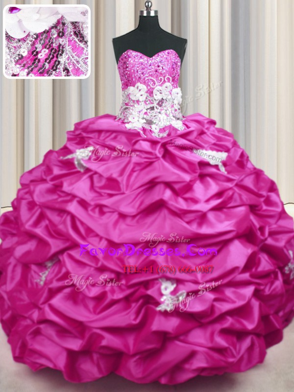 Modern Fuchsia Taffeta Lace Up Sweetheart Sleeveless With Train 15 Quinceanera Dress Sweep Train Appliques and Sequins and Pick Ups