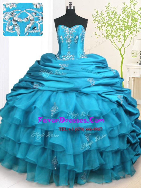 Graceful Teal Sleeveless Brush Train Beading and Appliques and Ruffled Layers and Pick Ups With Train Quinceanera Dresses
